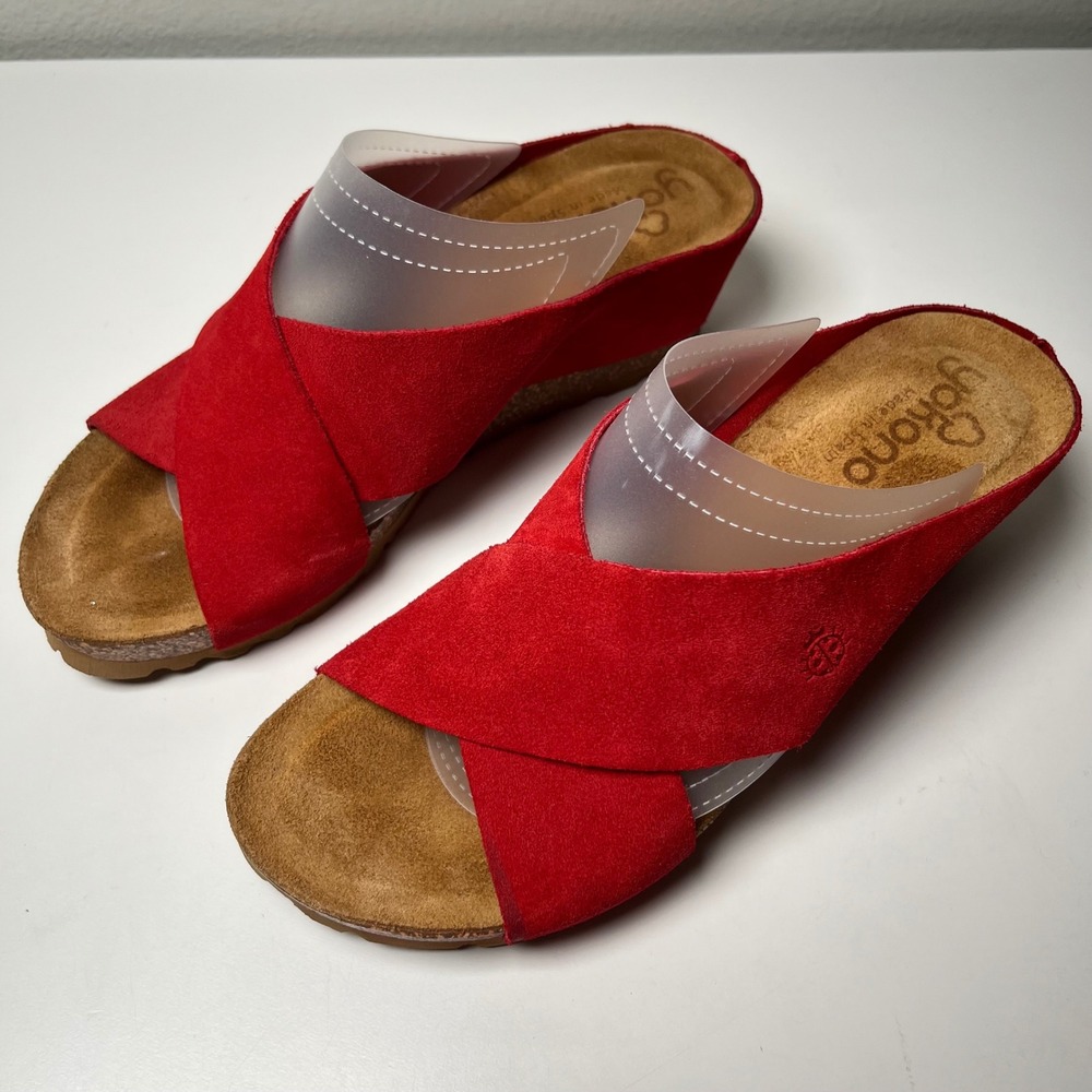 Yokono Wedge Sandals Women's 7.5 Red Suede Leather Crisscross Slide Mule Spain